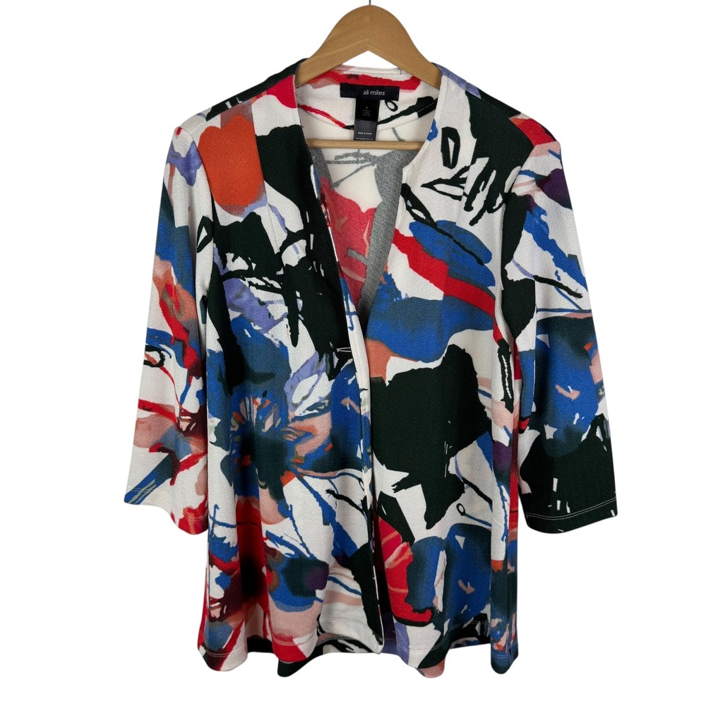 Ali Miles Abstract Floral Cardigan Small Multicolor 3/4 Sleeve Lightweight Artsy